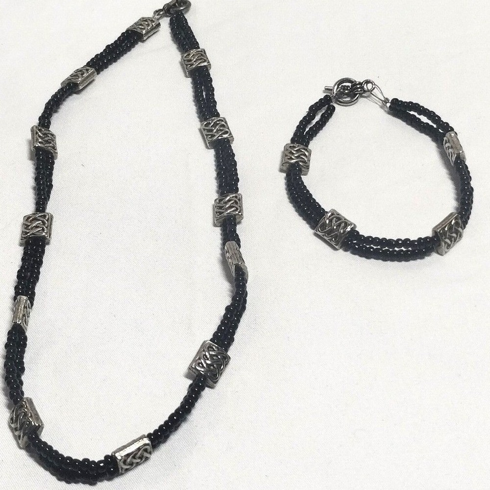 Celtic Knot Black Seed Bead Double Strand Necklace and Bracelet Jewelry Set 16in